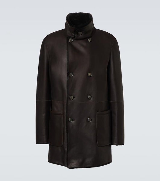 Reversible leather and shearling peacoat