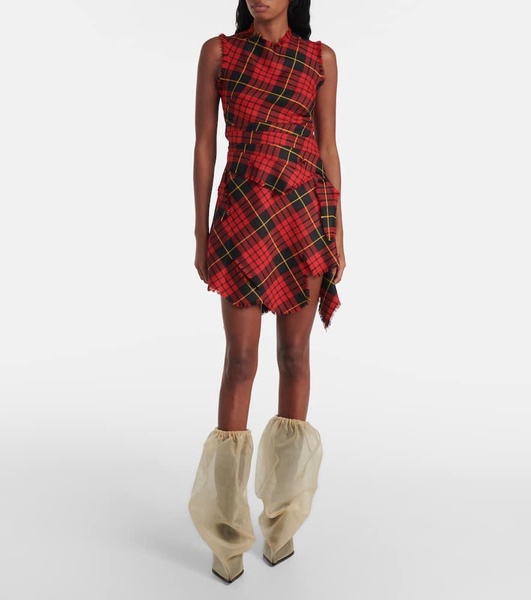 Distressed tartan wool minidress