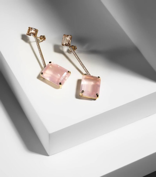 14kt gold earrings with morganite, quartz and diamonds