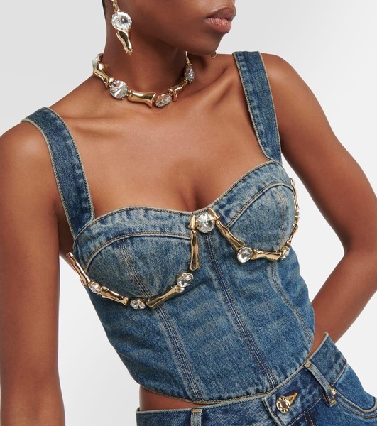 Claw Cup crystal-embellished denim bustier