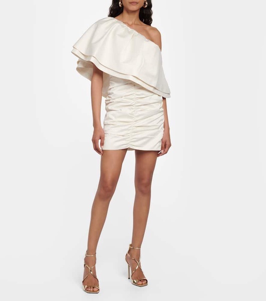 Mini White One-shoulder Dress With Large Ruffles In Ruched Polyester Woman