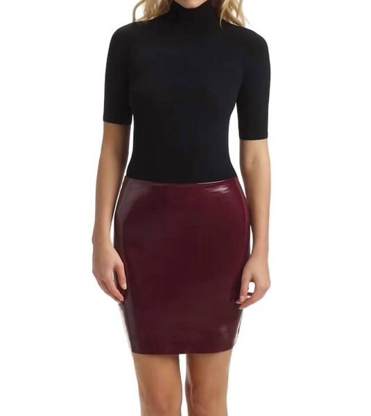 faux patent leather mini skirt in burgundy