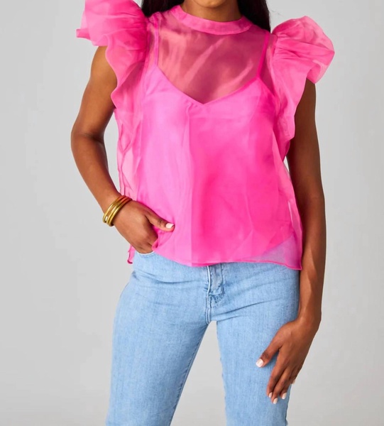 kaycee organza ruffle sleeve top in hot pink