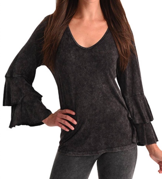 stone wash bell sleeve top in charcoal