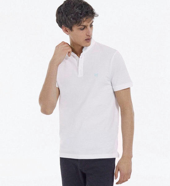 embroidered white polo w/ buttoned officer collar