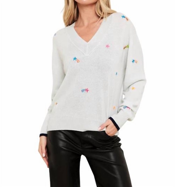 shooting star v neck sweater top in pearl blue