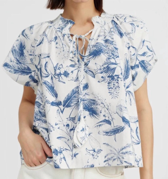 tropical toile smocked top in white blue