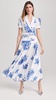 White and Blue Floral Printed Silk Twill Collared Dress with Belt Detail