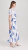 White and Blue Floral Printed Silk Twill Collared Dress with Belt Detail