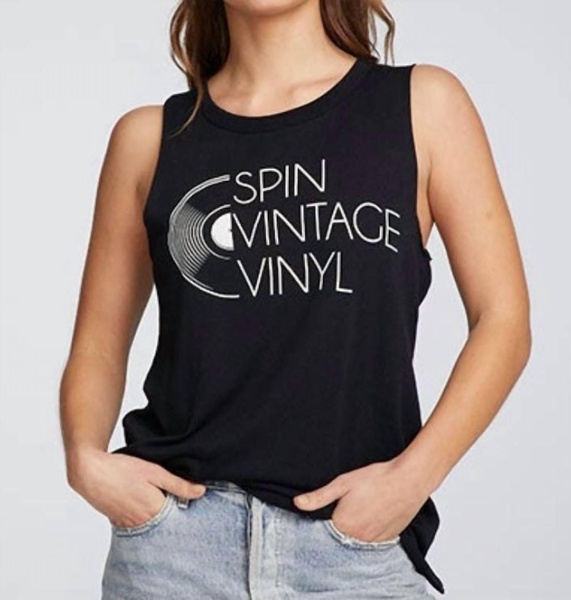 spin vintage vinyl muscle tank in true black