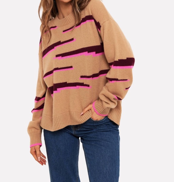 glitch zebra v neck sweater in camel/sangria/diva pink