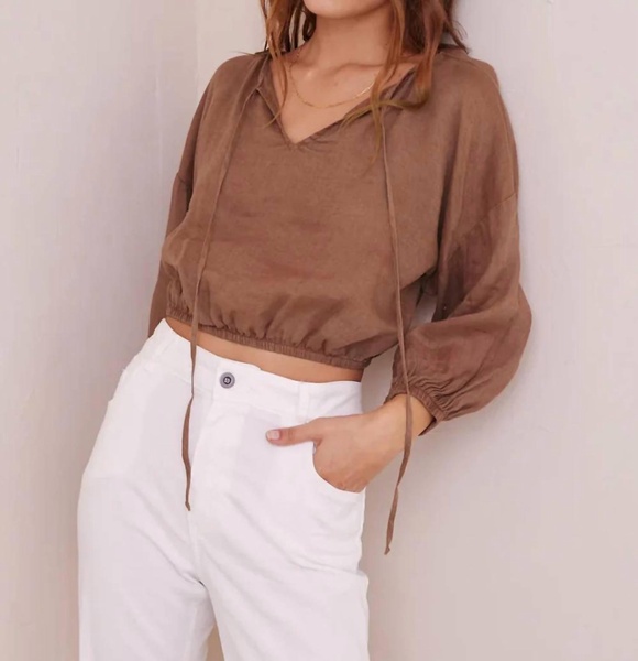 linen tie front peasant top in terracotta brown