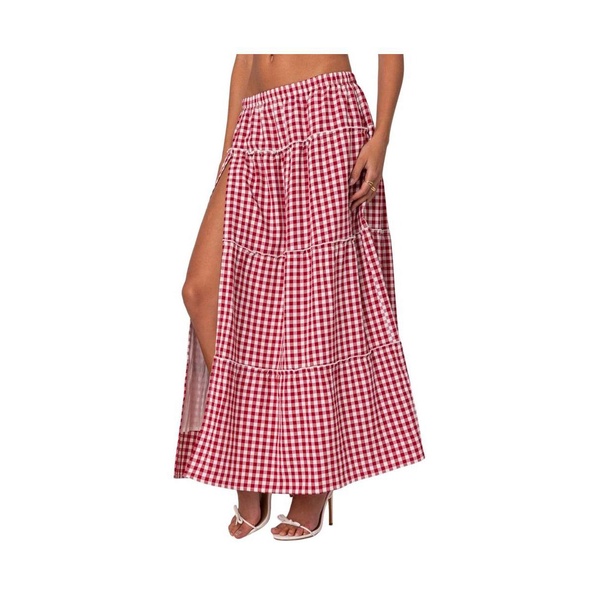 Women's Gingham Side Slit Tiered Maxi Skirt