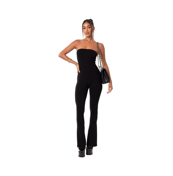 Women's Strapless Flared Jumpsuit With Slits