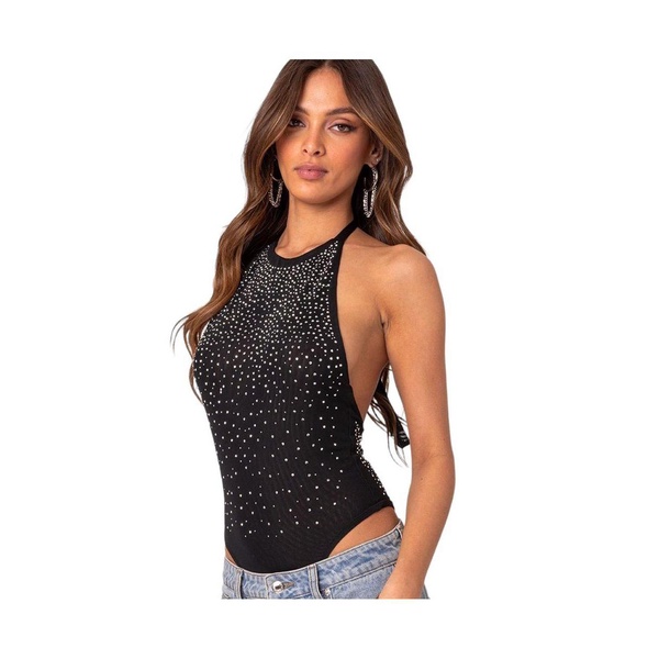 Women's Open back mesh rhinestone bodysuit