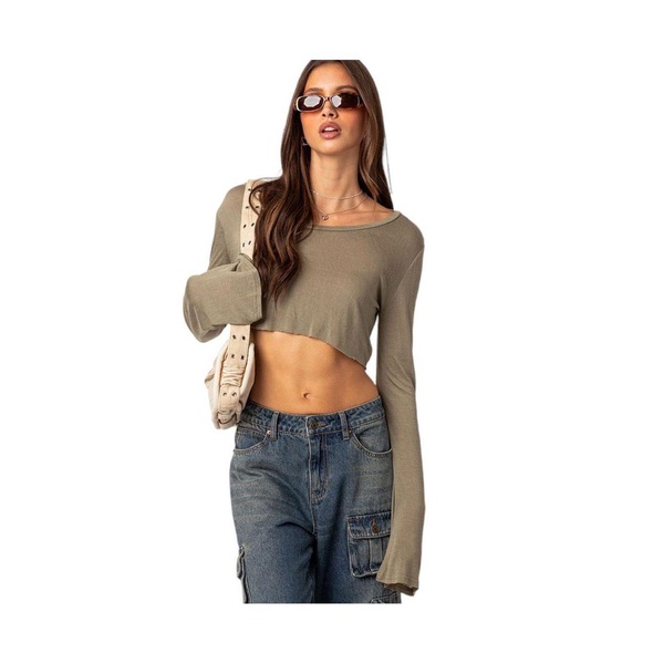 Women's Sheer Crop Top With Long Sleeve And Raw Hem