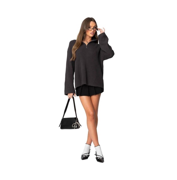 Women's Oversized Quarter Zip High Neck Rib Sweater