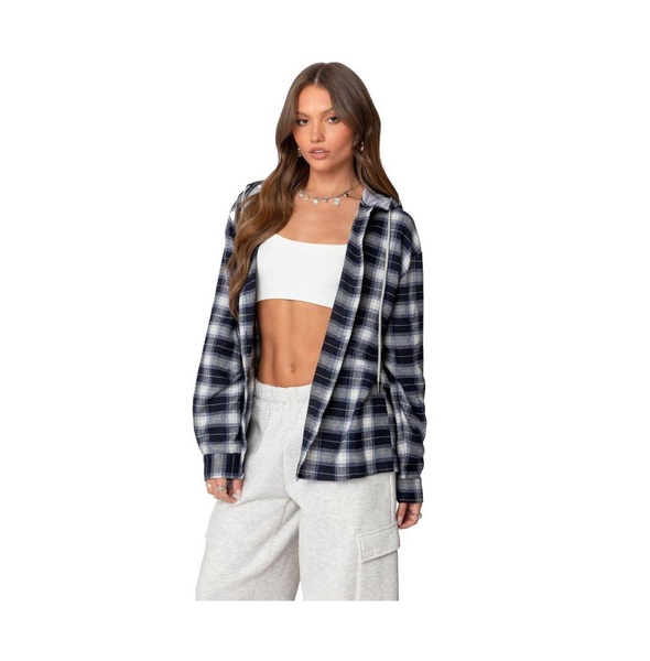 Women's Plaid Hooded Button Up Shirt