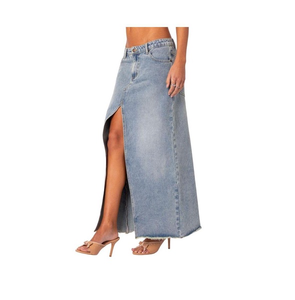 Women's Front Slit Washed Denim Maxi Skirt