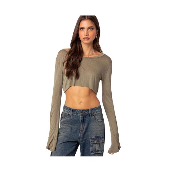 Women's Sheer Crop Top With Long Sleeve And Raw Hem