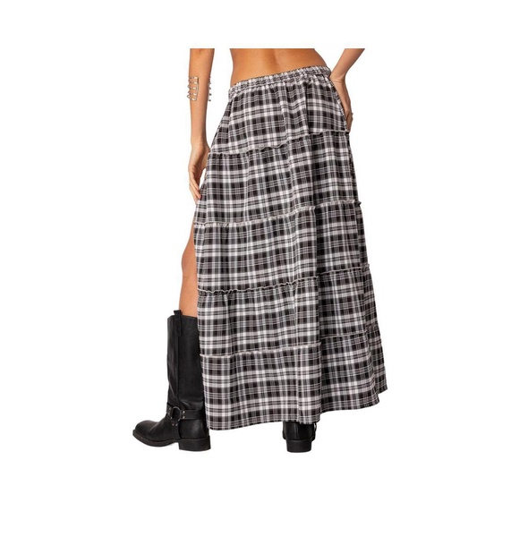 Women's Plaid side slit tiered maxi skirt