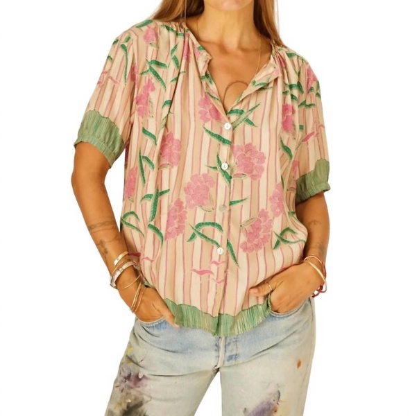 silk print violet top in chamomile rose