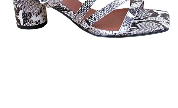 women's reptile low heeled block sandal in black/white snake