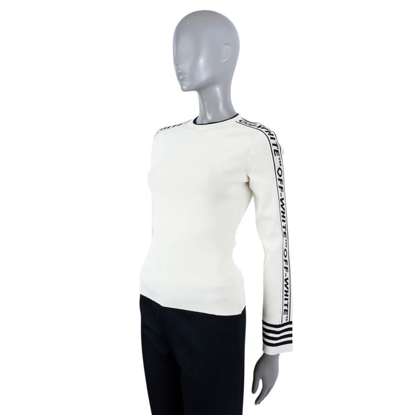 OFF-WHITE cream viscose LOGO STRIPE Crewneck Sweater 42 M