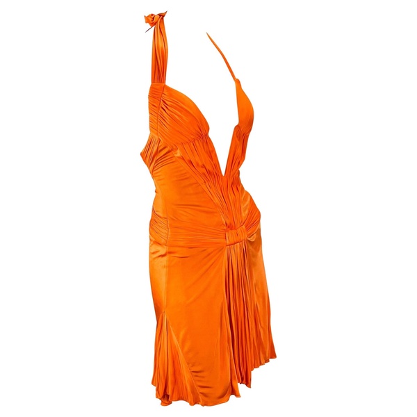 S/S 2005 Roberto Cavalli Plunging Orange Corseted Backless Viscose Mini Dress