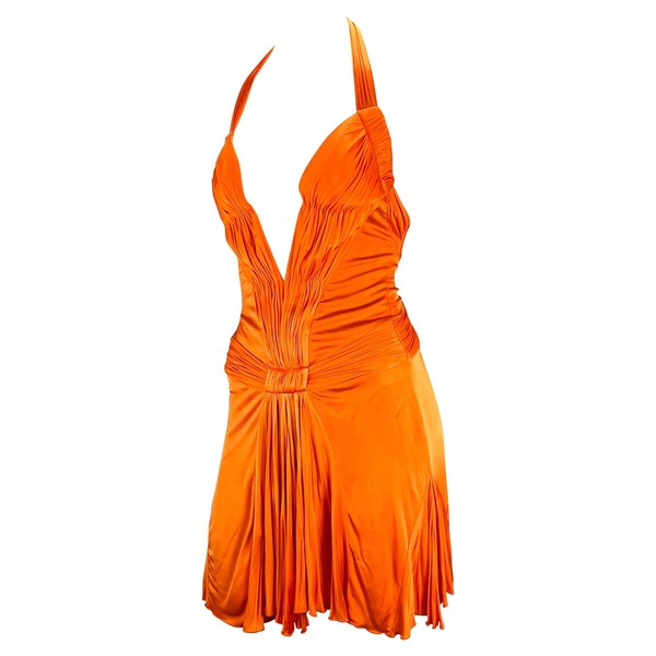 S/S 2005 Roberto Cavalli Plunging Orange Corseted Backless Viscose Mini Dress