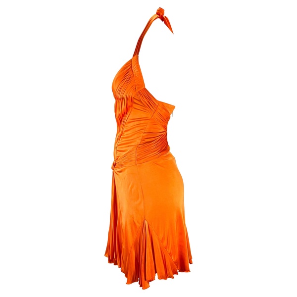 S/S 2005 Roberto Cavalli Plunging Orange Corseted Backless Viscose Mini Dress