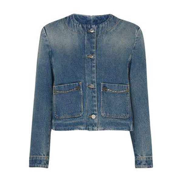 Collarless denim jacket