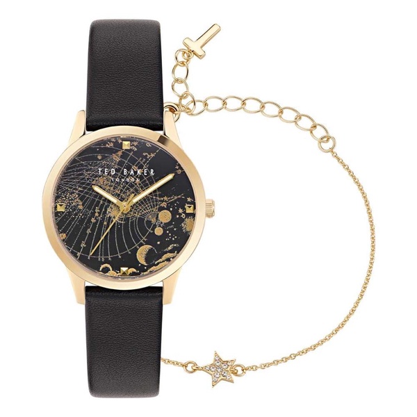 Ted Baker Ladies Black Leather Strap Watch & Star Bracelet Box Set (Model: BKGFW23029I)