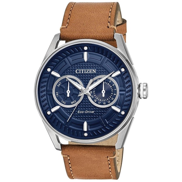 Citizen Men's Eco-Drive Weekender Watch in Stainless Steel with Brown Leather Strap, Blue Dial, 42mm (Model: BU4020-01L)