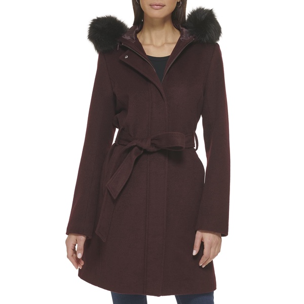 Cole Haan Women's Hooded Coat Slick Wool with Detatchable Faux Fur Trim