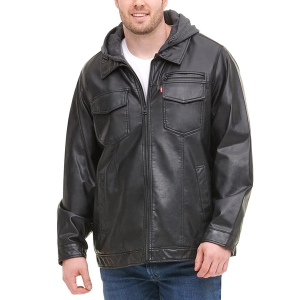 Levi's Men's Faux Leather Hooded Trucker Jacket with Sherpa Lining