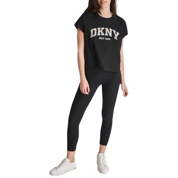 DKNY Women's Short Sleeve Cropped Camo Sparkle Varsity Logo T-Shirt