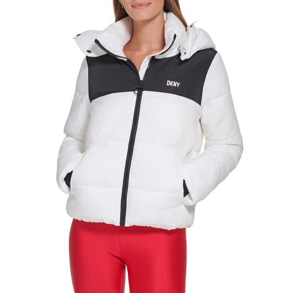 DKNY Women's Sport Colorblock Logo Puffer W/Removeable Hood