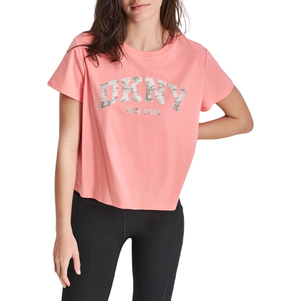 DKNY Women's Short Sleeve Cropped Camo Sparkle Varsity Logo T-Shirt