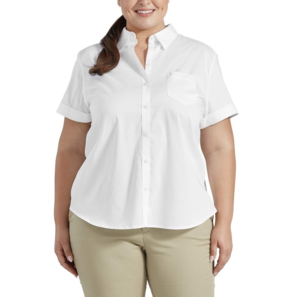 Dickies Women's Plus Size Stretch Poplin Button-Up Short Sleeve Shirt, White, 1PS