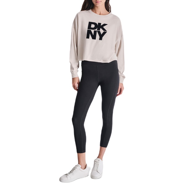 DKNY womens Long Sleeve Stacked Flocked Logo Crew Neck Dropped Shoulder T-shirt