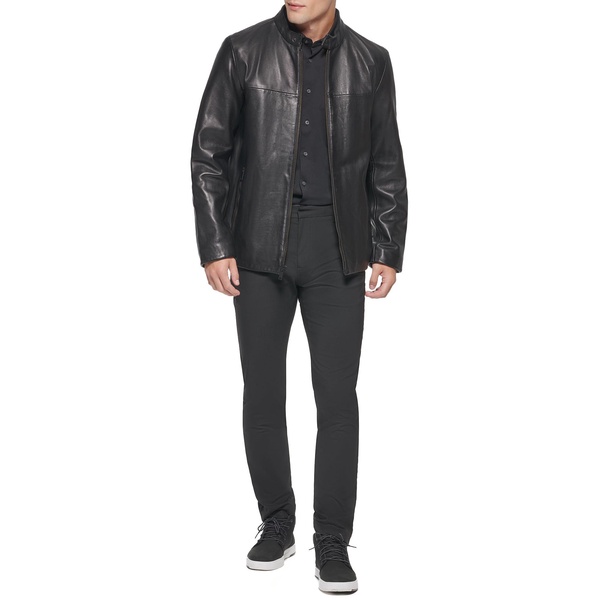 DKNY Men's Modern Lamb Leather Racer Jacket, Classic Ice