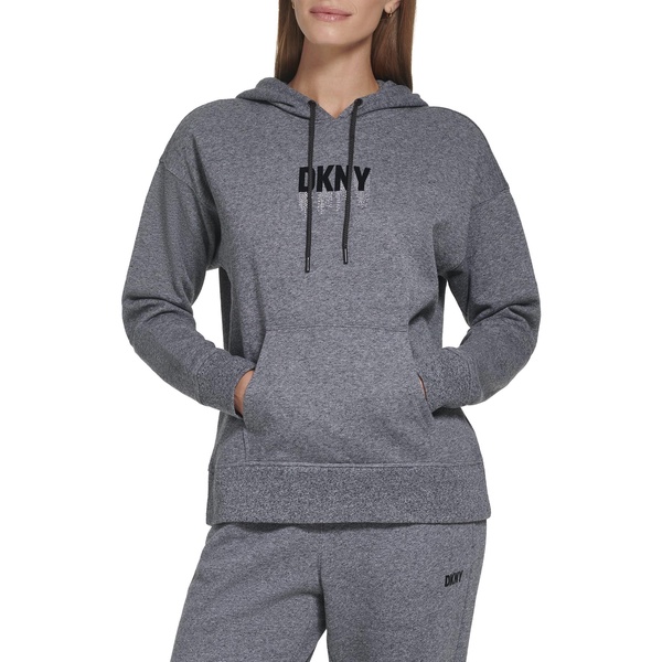 DKNY Women's Ivory Cotton Blend Ribbed Pocketed Attached Hood Drawstring Long Sleeve Hoodie Sweater