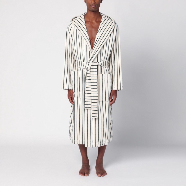 Tekla White Bathrobe With Dark Green Stripes