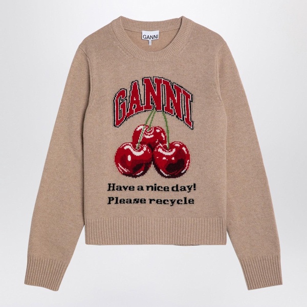 Ganni Camel Coloured Jumper With Cherry Print