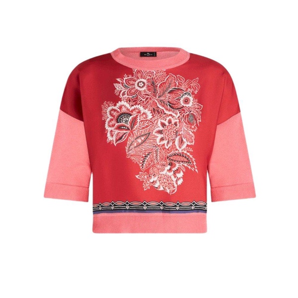 Etro Floral-Print Knitted-Panelled Crewneck T-Shirt