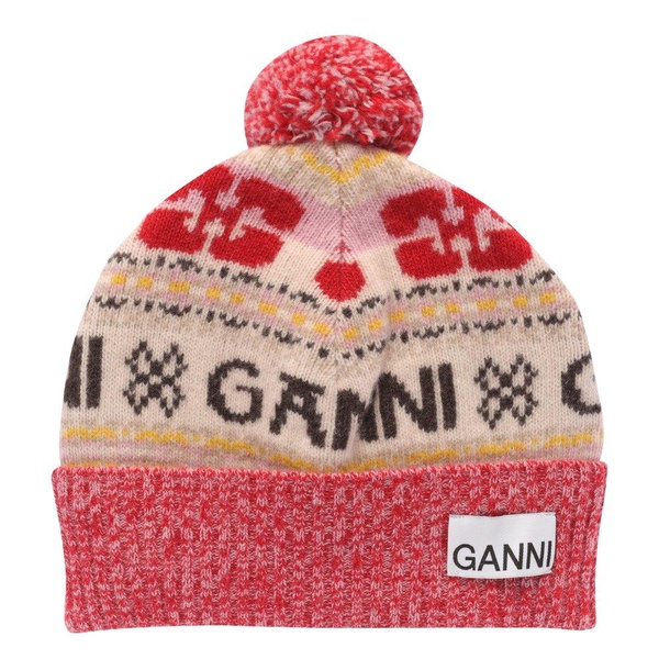 Ganni Logo-Intarsia Knitted Pompom Beanie