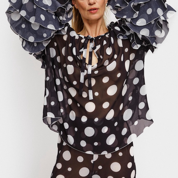 Sleeper Samba Ruffled Polka-Dot Chiffon Blouse - S