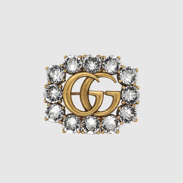 Metal Double G brooch with crystals 