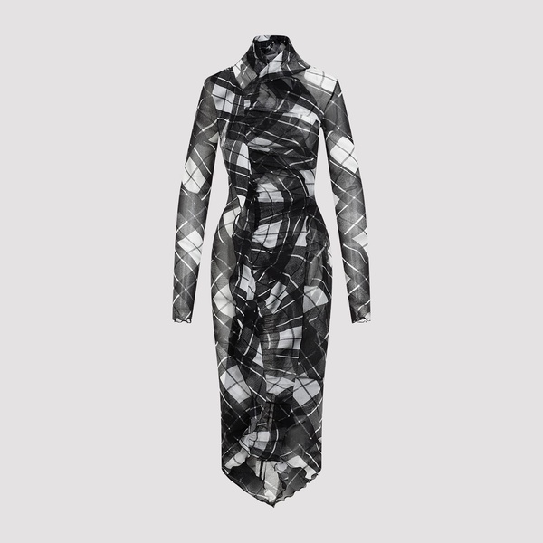 Mesh Draped Printed "distorten Tartan" Long Dress